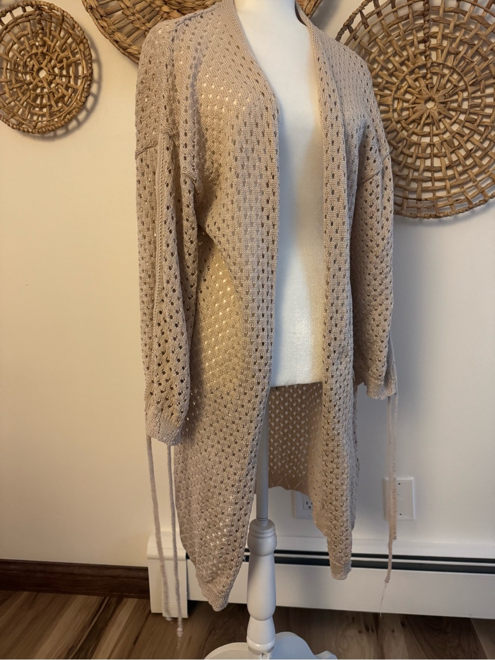 Open-Front Beige Knit Longline Cardigan Sweater